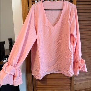 SHEIN Pink V-Neck Blouse with Ruffle Sleeves